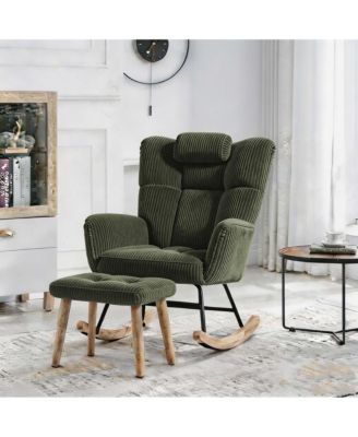 Rocking Chair Nursery with Ottoman High Backrest Lumbar Pillow Boucle Fabric Side Pockets 300LBS Capacity for Bedroom Living Room
