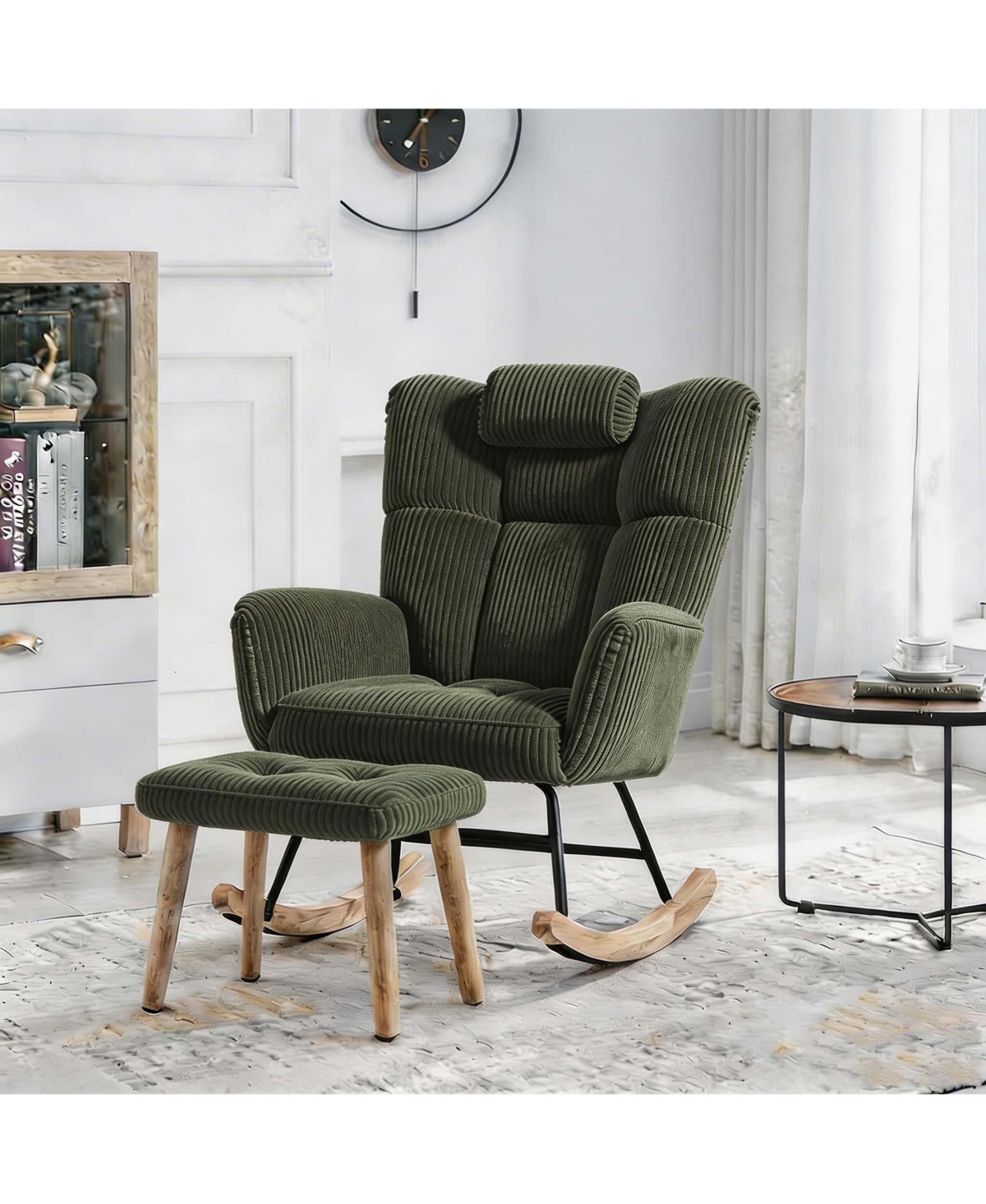 homfan Rocking Chair Nursery with Ottoman High Backrest Lumbar Pillow Boucle Fabric Side Pockets 300LBS Capacity for Bedroom Living Room
