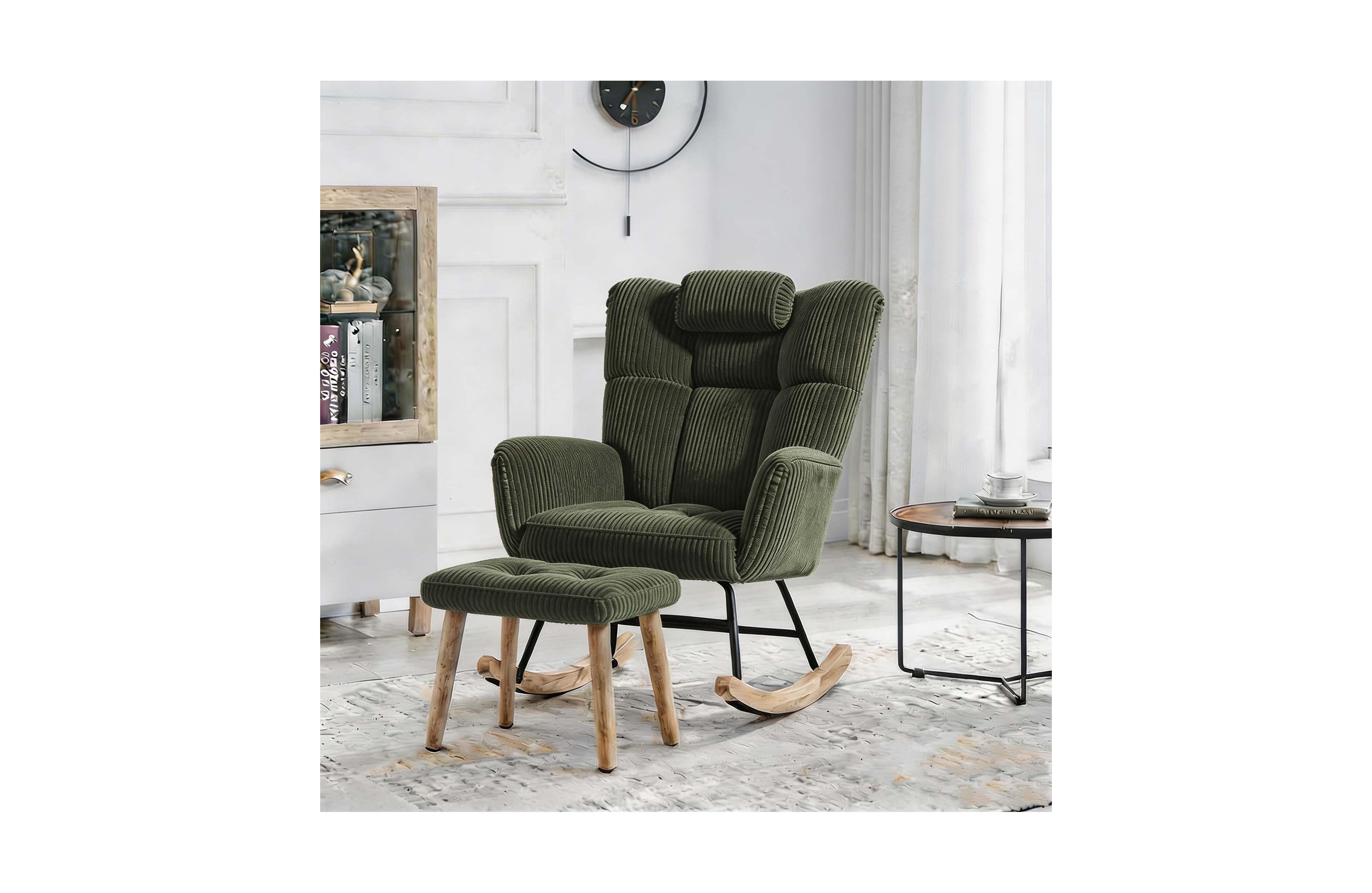 homfan Rocking Chair Nursery with Ottoman High Backrest Lumbar Pillow Boucle Fabric Side Pockets 300LBS Capacity for Bedroom Living Room