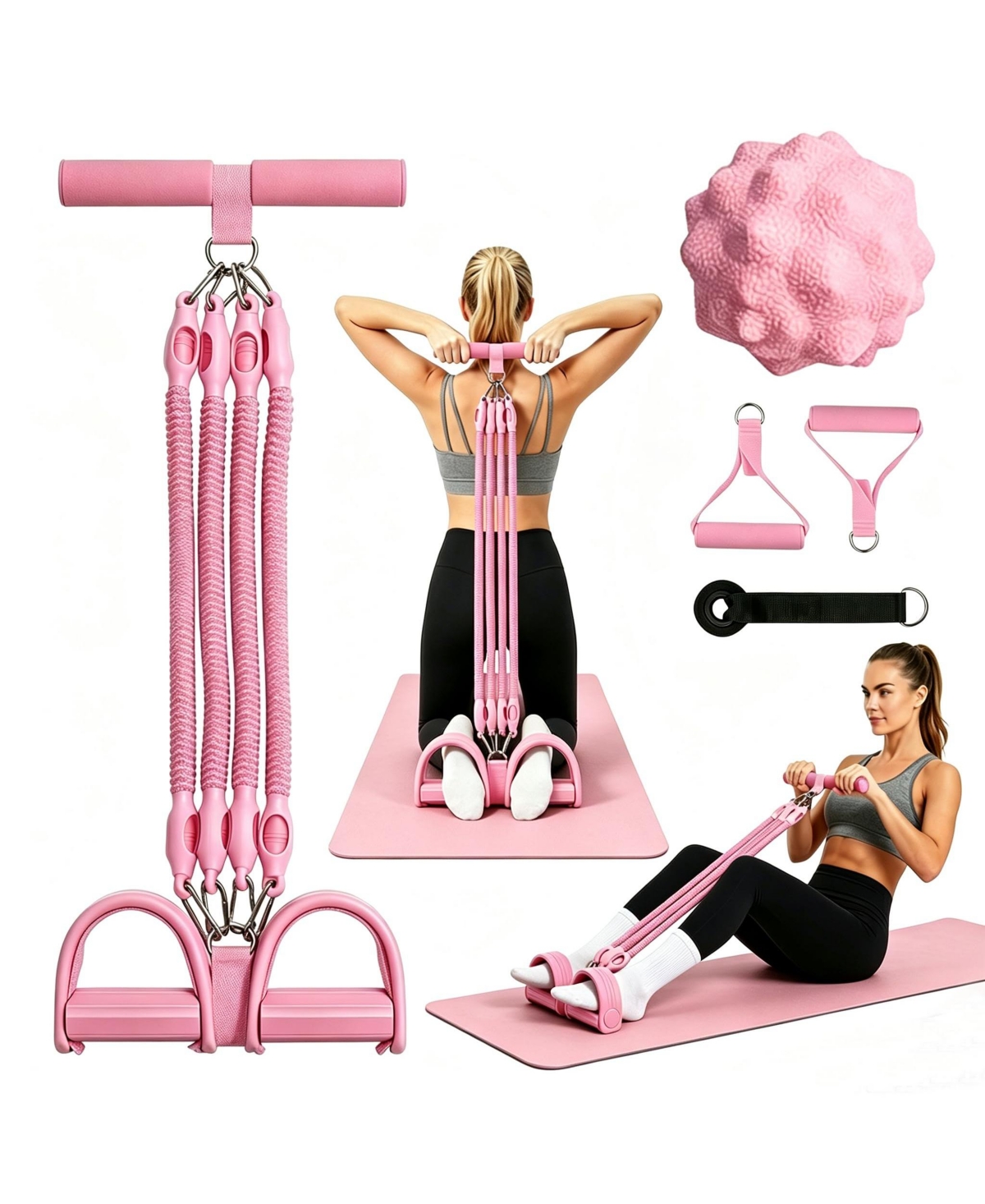 Sportneer Adjustable 25 to 100lbs Resistance Band Set Handles Full Body Workout Pilates Yoga Physical Training - Pink with foot massagers