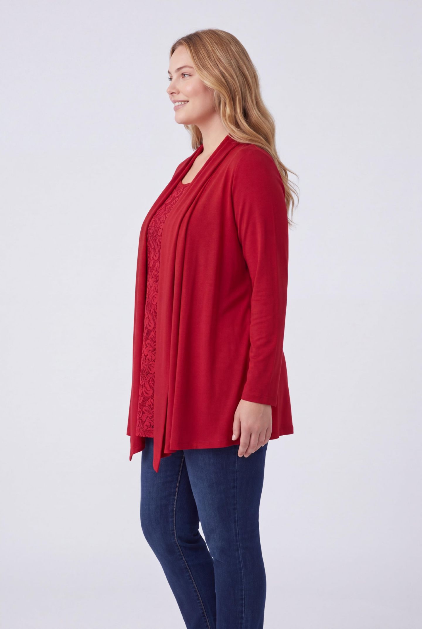 Женский кардиган Woman Within Within 2-Fer Cardigan and Attached Lace Tunic Tee, цвет: Красный — фото 5