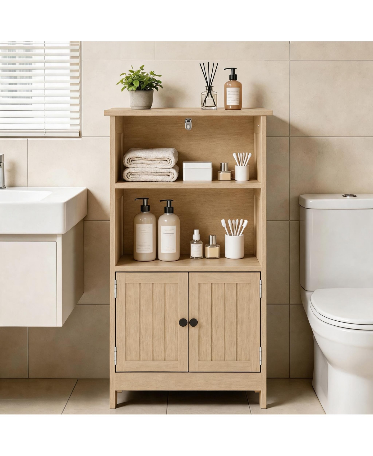 homfan Freestanding Narrow Storage Cabinet with Doors, Adjustable Shelves Slim Floor Organizer for Bathroom or Entryway, Toilet Paper Storage - natura