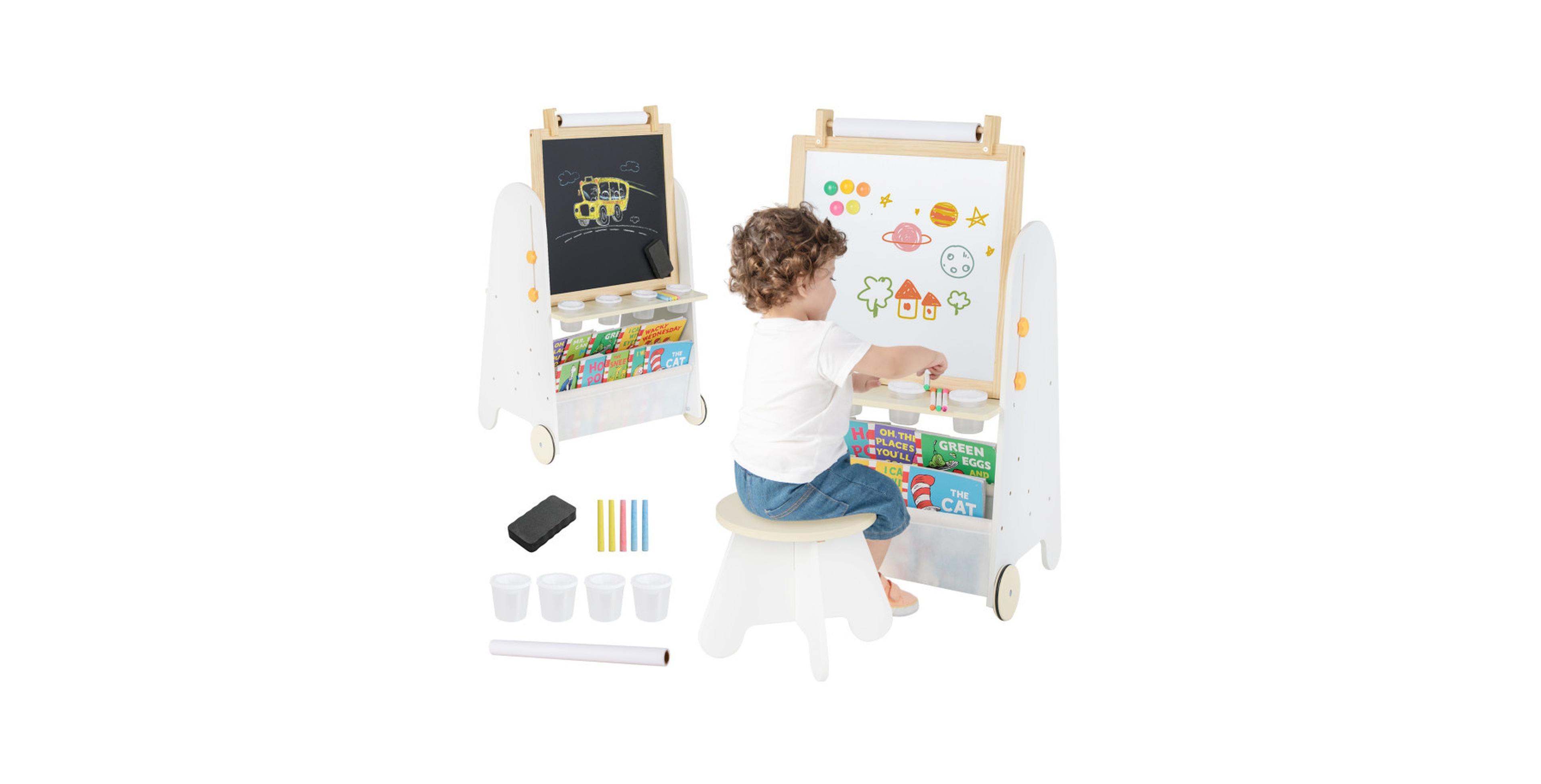 Sevorley 4-in-1 Toddler Activity Table Set with Magnetic Whiteboard and Chalk Board, Natural