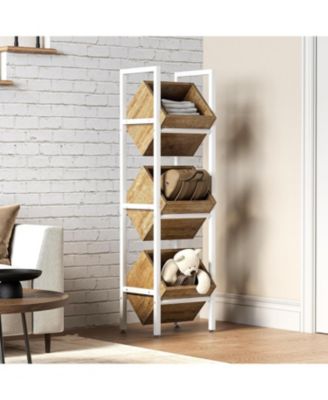 3-Tier Basket Stand, Wooden Floor Stand Shelving Unit