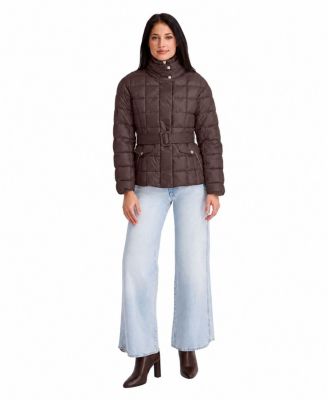 Women's Quilted Puffer Jacket With Self-Tie Waist And Funnel Neck