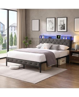 Bed Frame with  Storage Headboard, Charging Station and LED Lights, Upholstered Platform Bed with Heavy Metal Slats