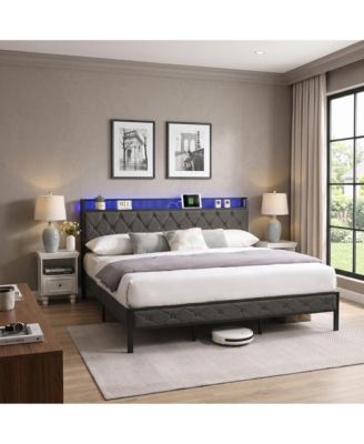 Bed Frame with  Storage Headboard, Charging Station and LED Lights, Upholstered Platform Bed with Heavy Metal Slats
