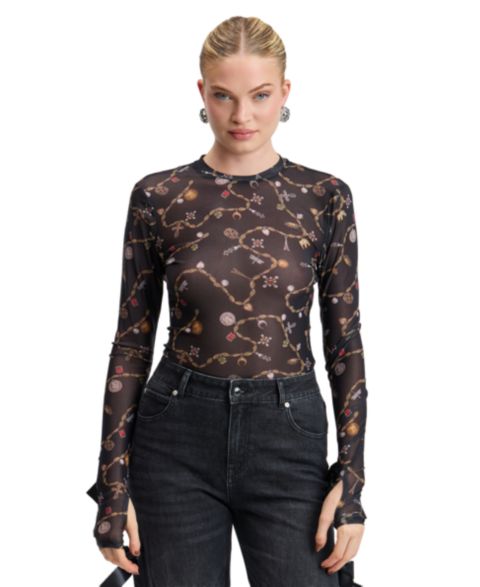 Женский топ Avec Les Filles Printed Long-Sleeve Mesh Top, цвет: Чёрный