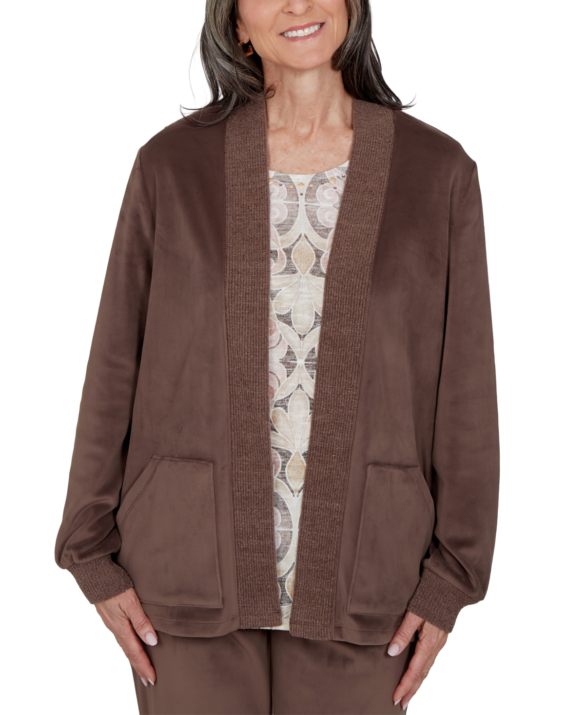Alfred Dunner Petite Shawl-collar Pocket Long-sleeve Cardigan Sweater In Animal Print