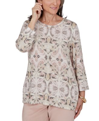Petite 3/4-Sleeve Crewneck Print Blouse