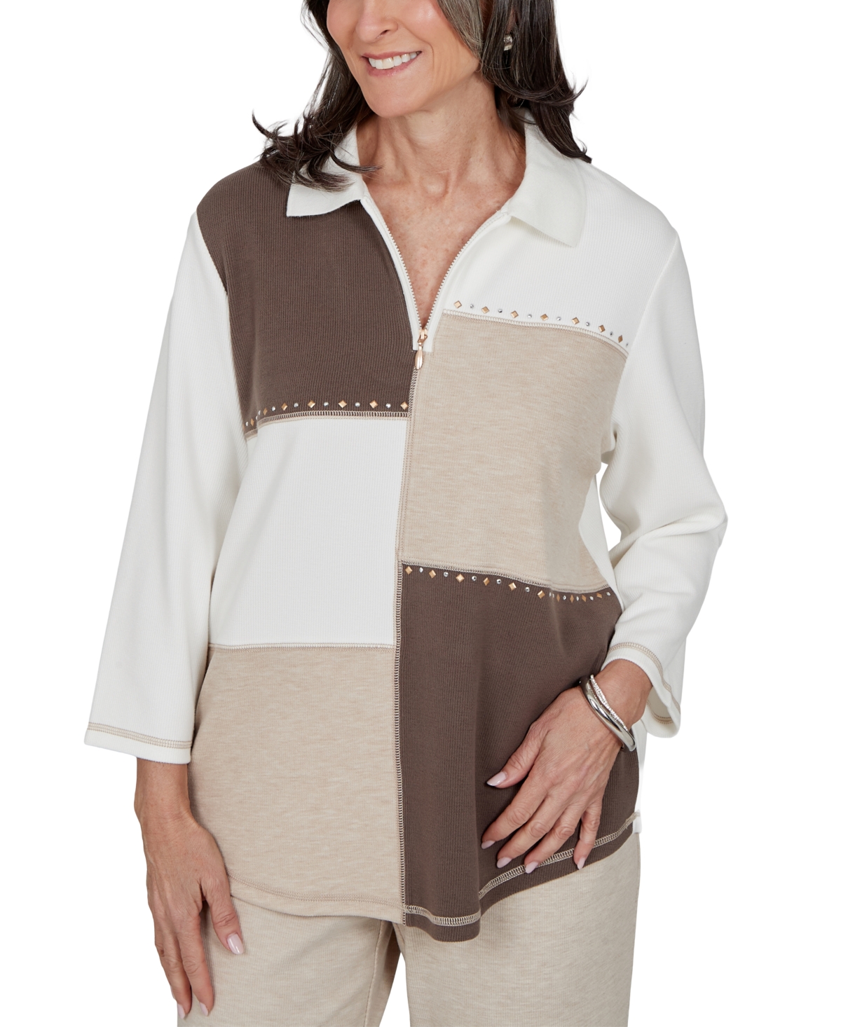 Alfred Dunner Petite Half-zip 3/4-sleeve Colorblock Pullover Sweater In Animal Print