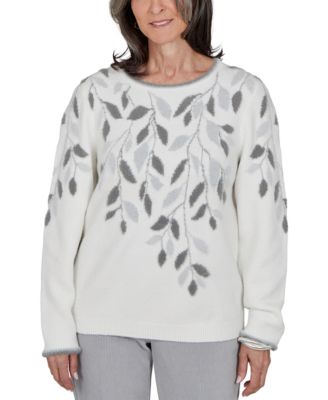 Petite Floral-Print Crewneck Long-Sleeve Sweater