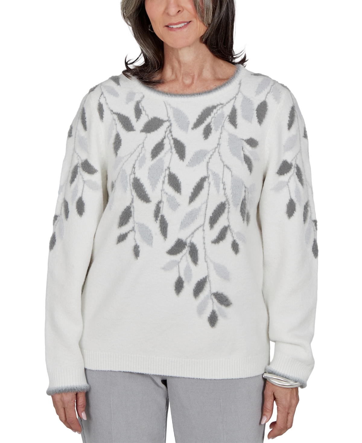 Alfred Dunner Petite Floral-print Crewneck Long-sleeve Sweater In Gray
