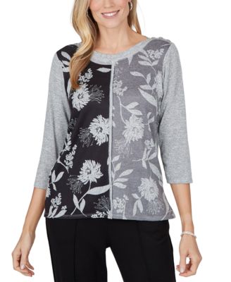 Petite Floral-Print Boat Neck Side Slit Blouse
