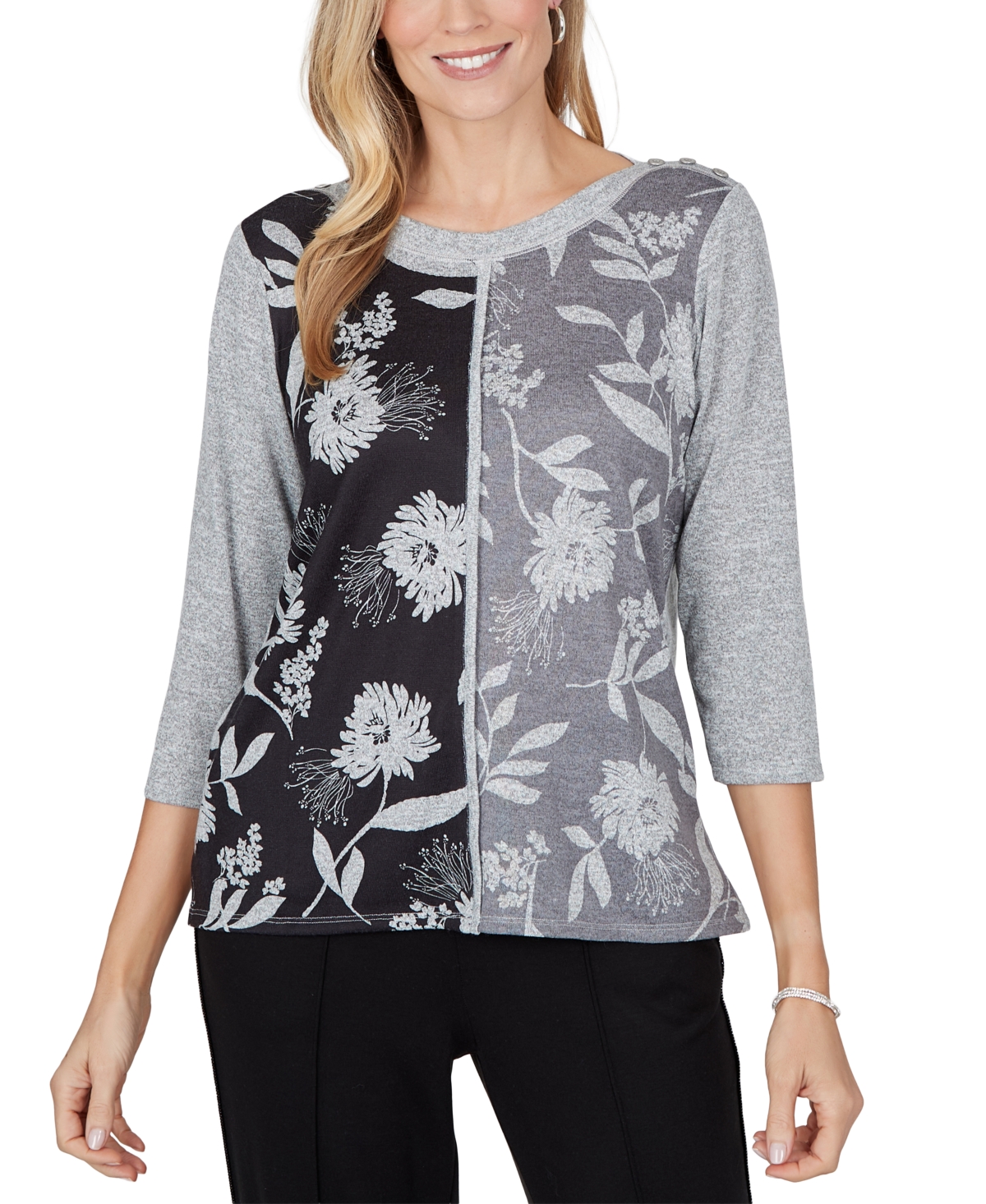 Alfred Dunner Petite Floral-print Boat Neck Side Slit Blouse In Grey,black
