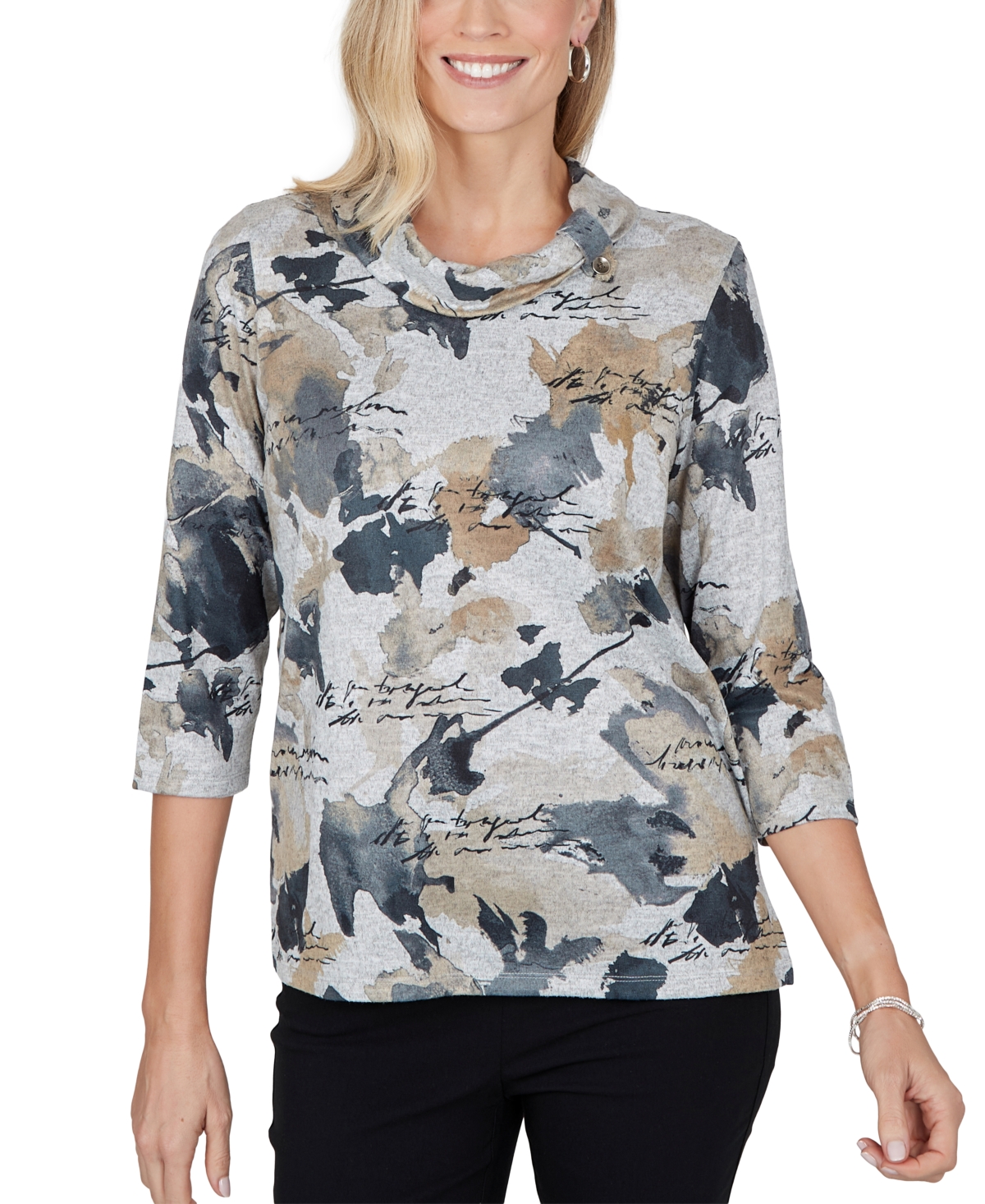 Alfred Dunner Petite Cowl Neck 3/4-sleeve Print Blouse In Tan Multi