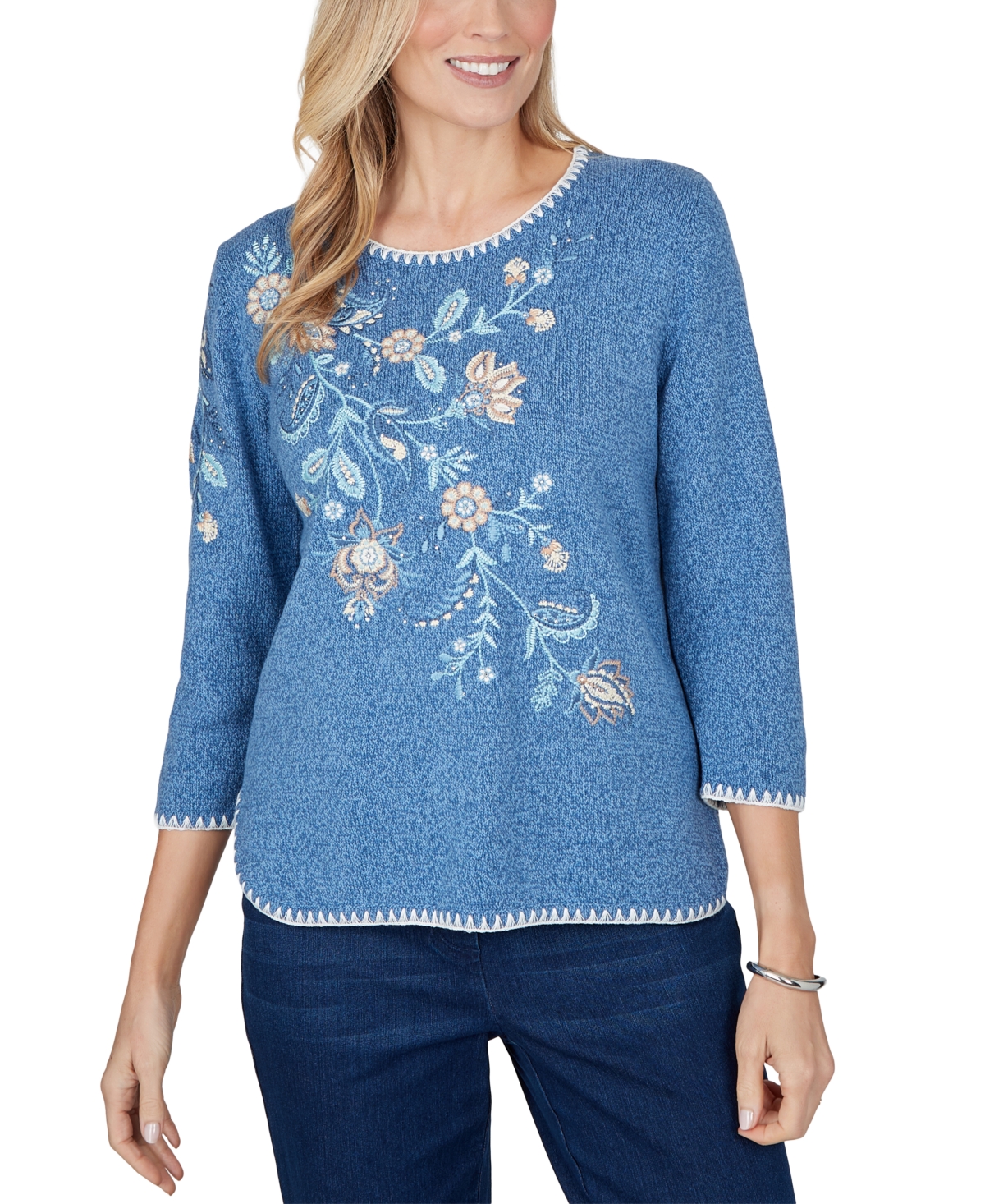 Alfred Dunner Petite Embroidered Floral 3/4-Sleeve Sweater - Denim