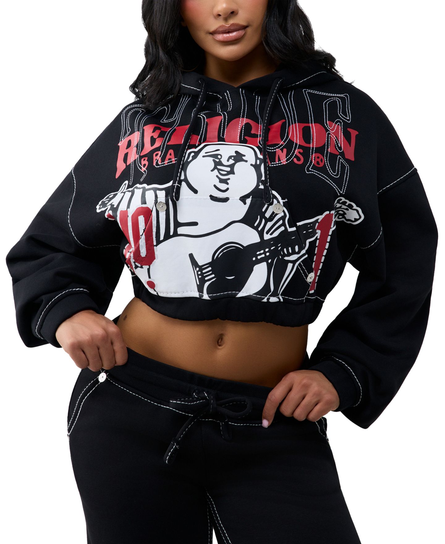 Женское укороченное худи на молнии True Religion с принтом, хлопковая смесь, цвет: Угольно-чёрный — фото 1
