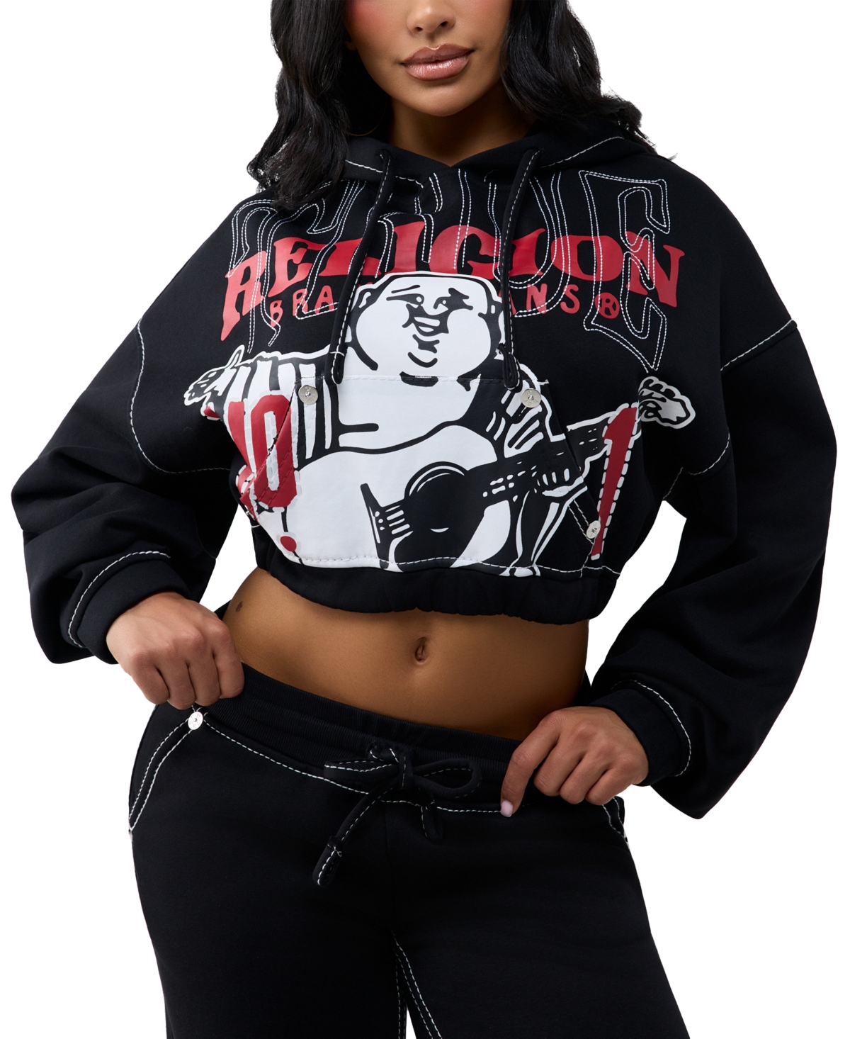 True Religion Women's Cropped Graphic Zip-Up Cotton-Blend Long-Sleeve Hoodie