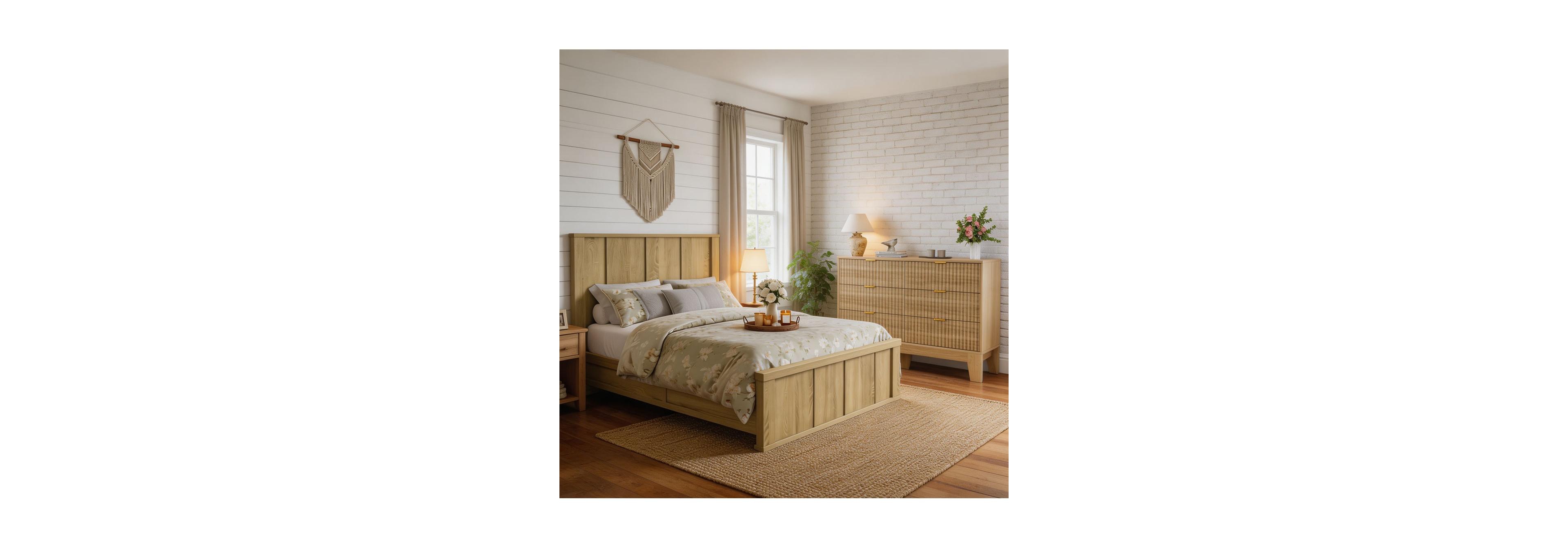 homfan 47'' Fluted Dresser and Solid Wood Bed Frame Set - 800 lbs Capacity, Anti-Tip Anchor