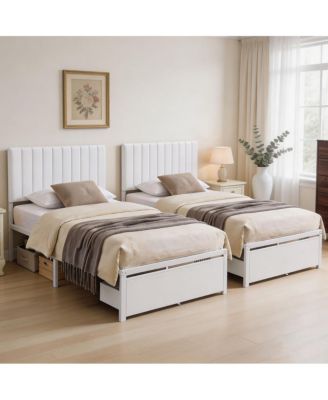 Set of 2 Twin Upholstered Platform Beds with Linen Fabric Headboard and Rolling Under-Bed Storage Drawer - Heavy Duty 800 lbs Support