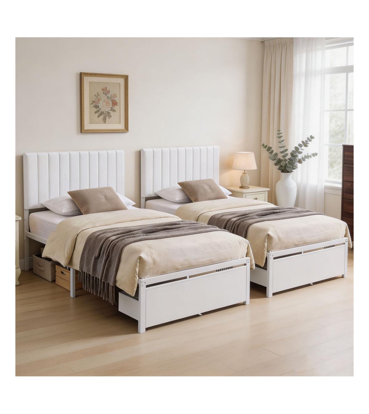 homfan Set of 2 Twin Upholstered Platform Beds with Linen Fabric Headboard and Rolling Under-Bed Storage Drawer - Heavy Duty 800 lbs Support - White