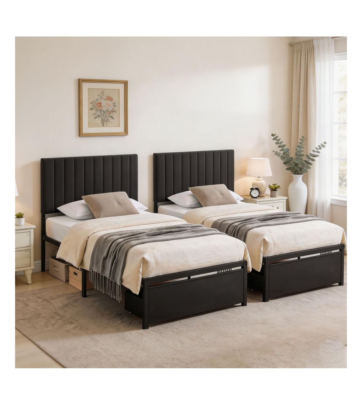 homfan Set of 2 Twin Upholstered Platform Beds with Linen Fabric Headboard and Rolling Under-Bed Storage Drawer - Heavy Duty 800 lbs Support - Black