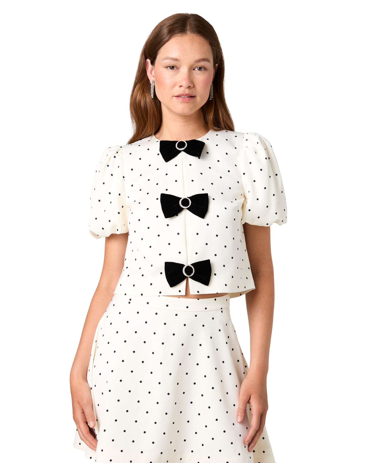 Женская блузка French Connection Maelys Polka-Dot Puff-Sleeve Velvet-Bow, цвет: В горошек — фото 1