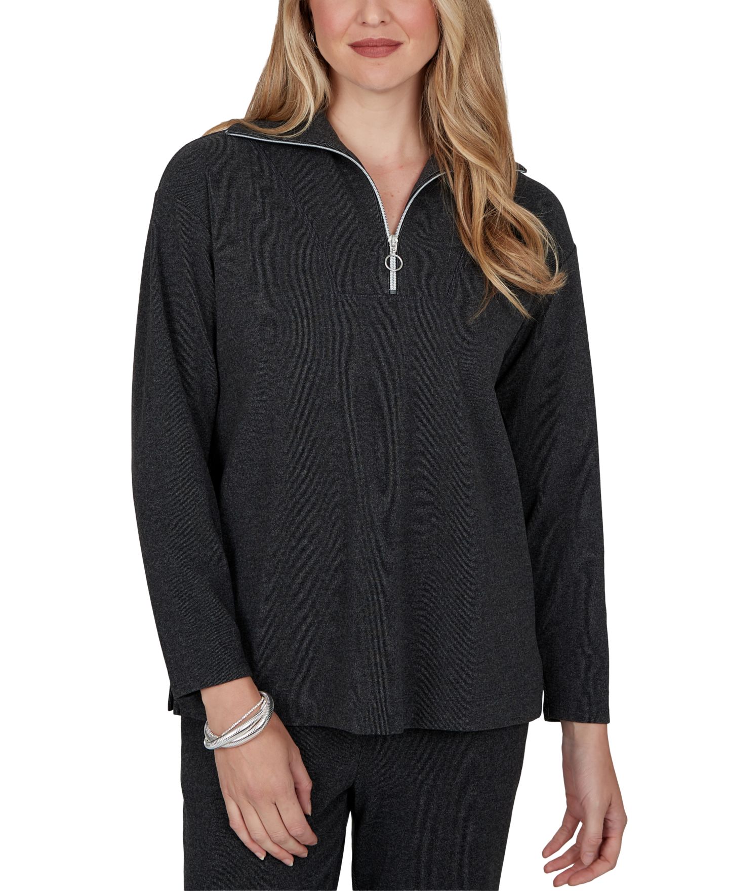 Женский топ Ruby Rd. Petite Ribbed-Knit Quarter-Zip Long-Sleeve, цвет: Угольный меланжевый — фото 1