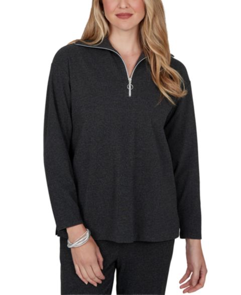 Женский топ Ruby Rd. Petite Ribbed-Knit Quarter-Zip Long-Sleeve, цвет: Угольный меланжевый