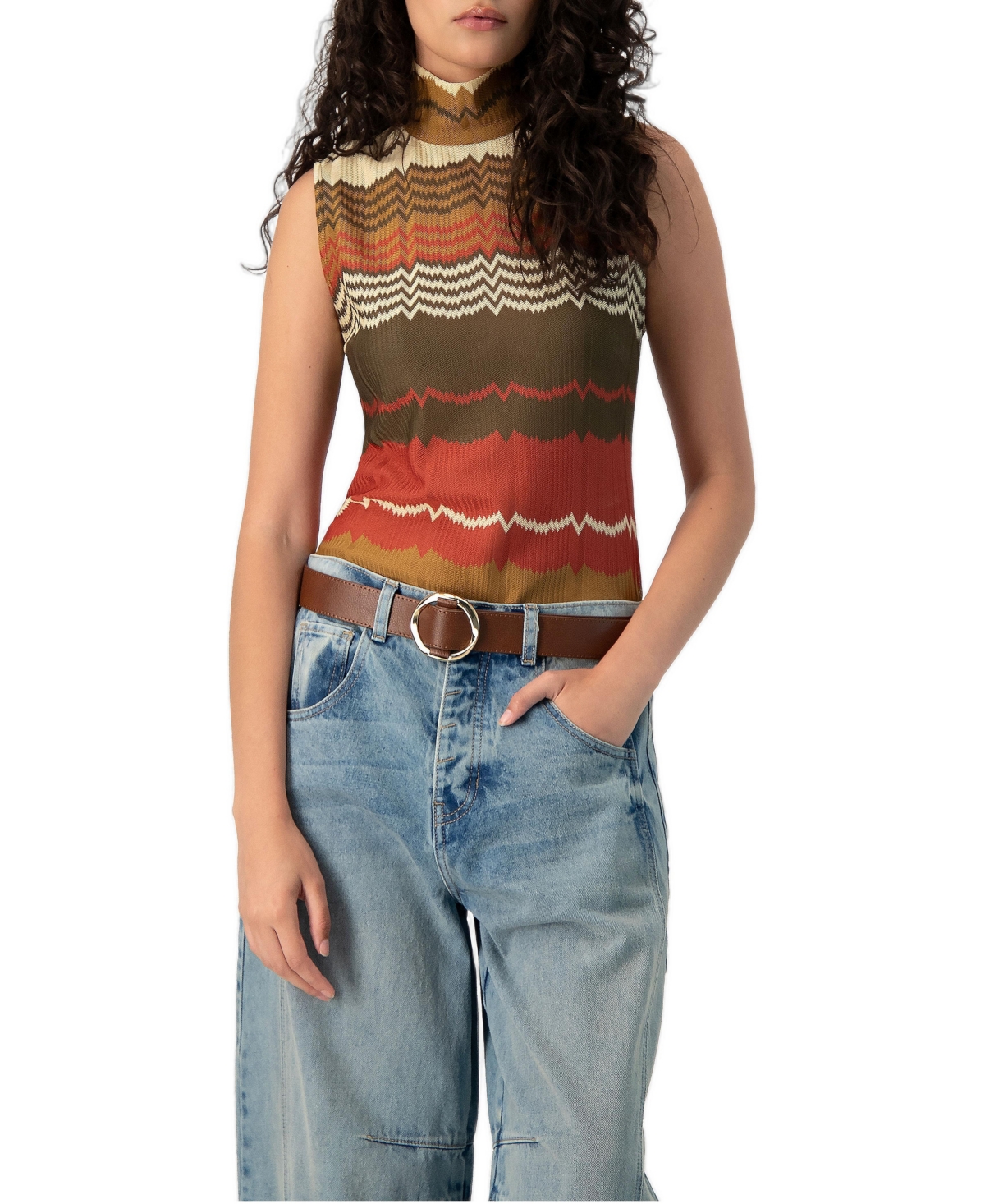 Ivonne Women's Colorblock Zigzag Knit Mock-Neck Tank Top
