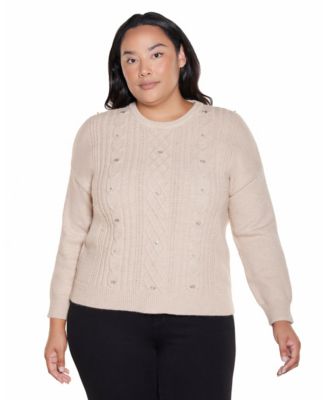 Plus Size Cable Knit Crewneck Long-Sleeve Pullover Sweater