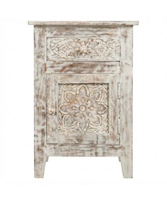 Hand-Carved Mango Wood End Table with Drawer, Door, Distressed