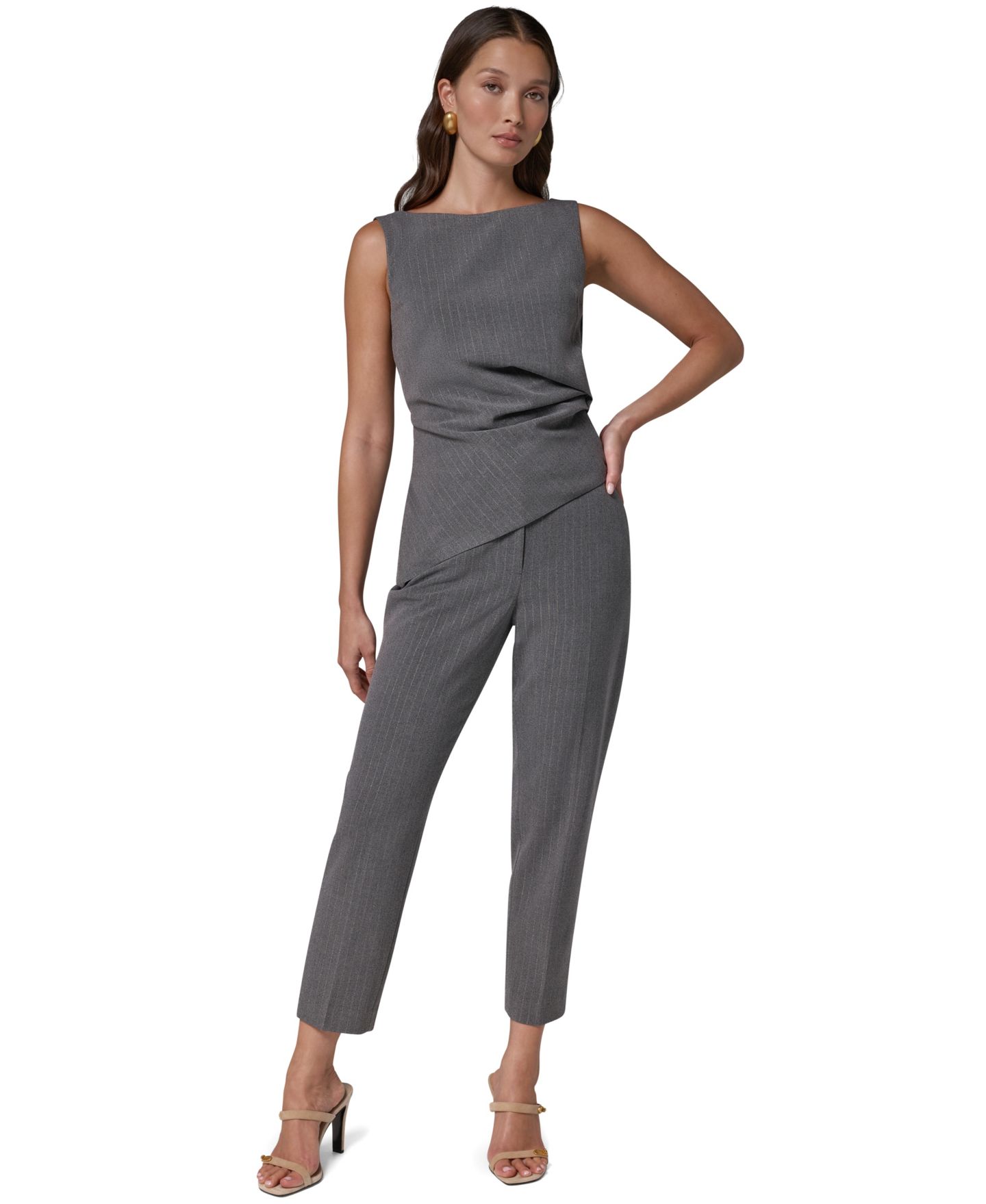 Женская блузка Donna Karan New York Boat Neck Sleeveless Asymmetrical Blouse, цвет: Светлый меланжевый серый — фото 2