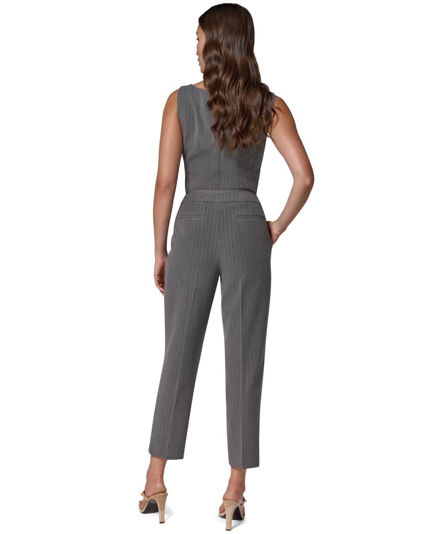 Женские узкие укороченные брюки Donna Karan New York в тонкую полоску, цвет: Светлый меланжевый серый — фото 8