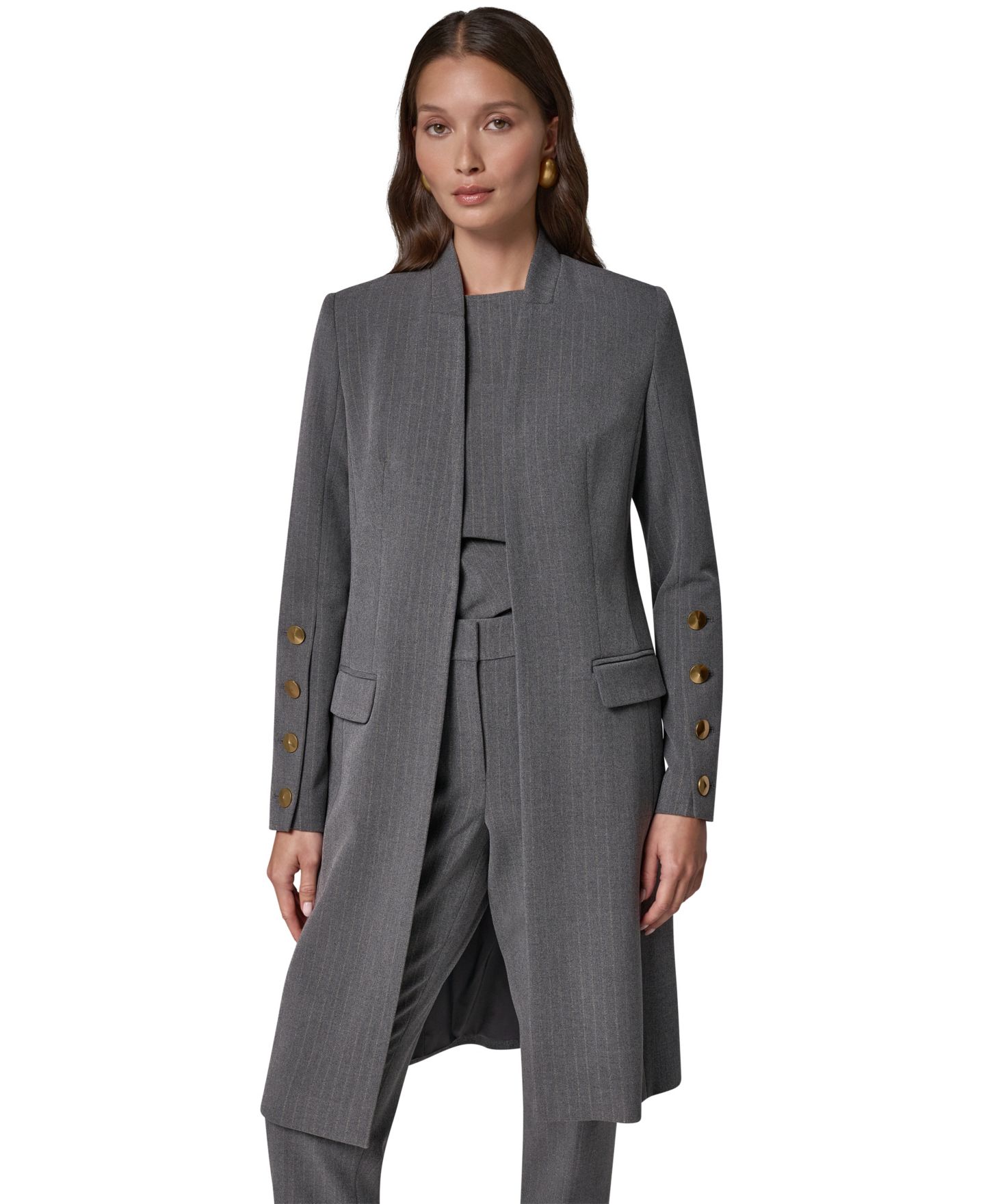 Женская удлинённая куртка Donna Karan New York в тонкую полоску на подкладке, цвет: Светлый меланжевый серый — фото 1