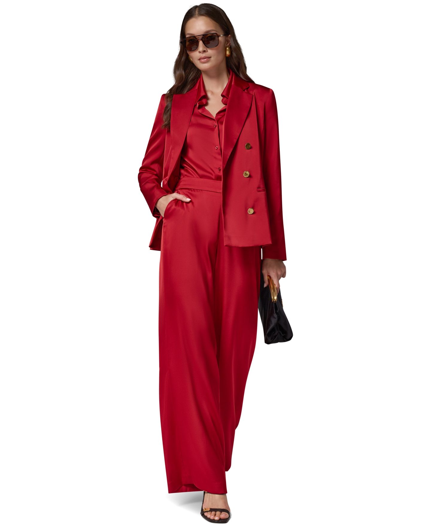 Женский двубортный атласный блейзер Donna Karan New York с плечевыми накладками, цвет: Красный бархатный — фото 5