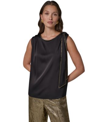 Women's Satin Boat-Neck Tie-Neck Blouse