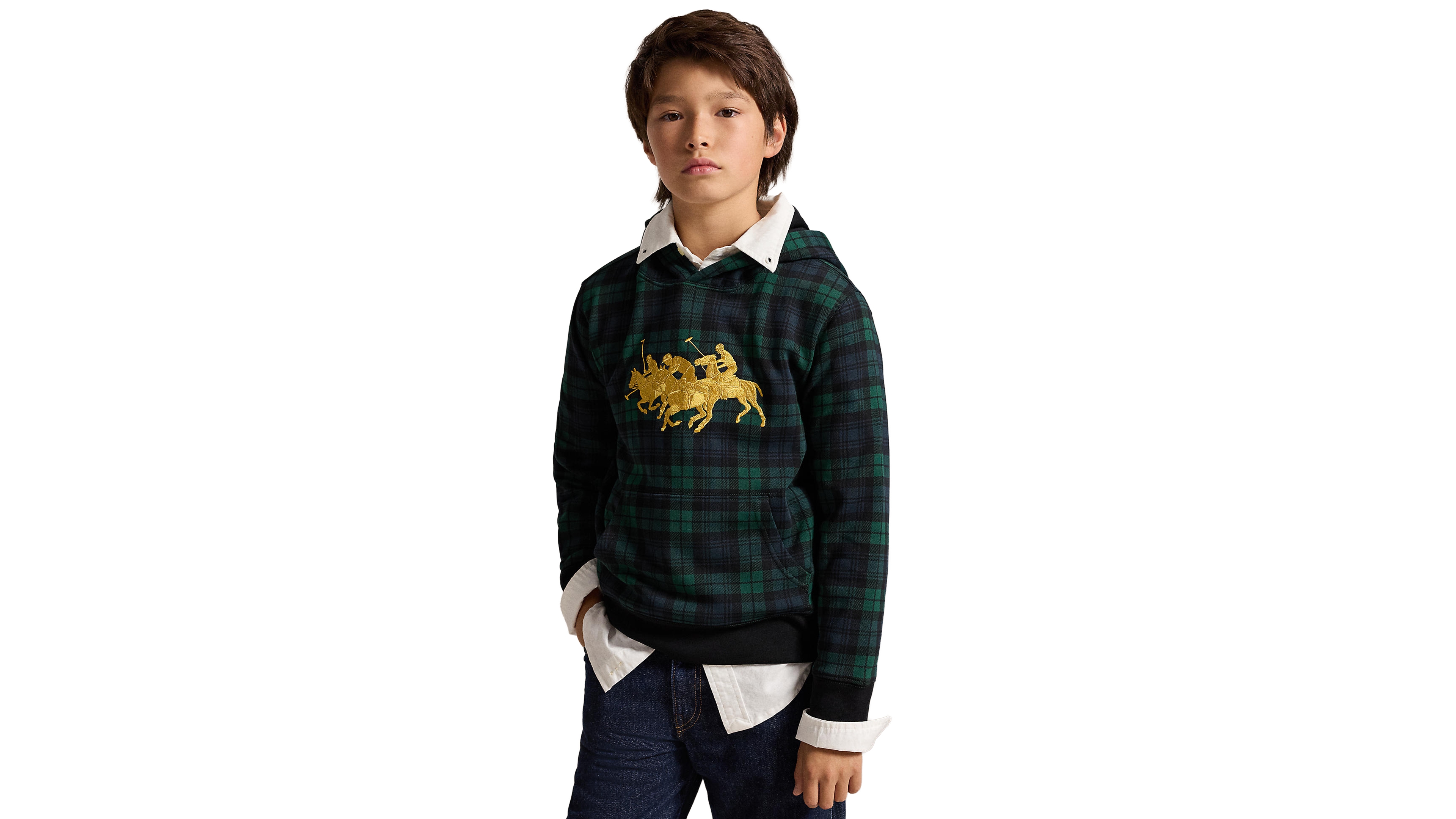 Polo Ralph Lauren Boys' 8-20 Triple-Pony Fleece Plaid Kangaroo-Pocket Hoodie
