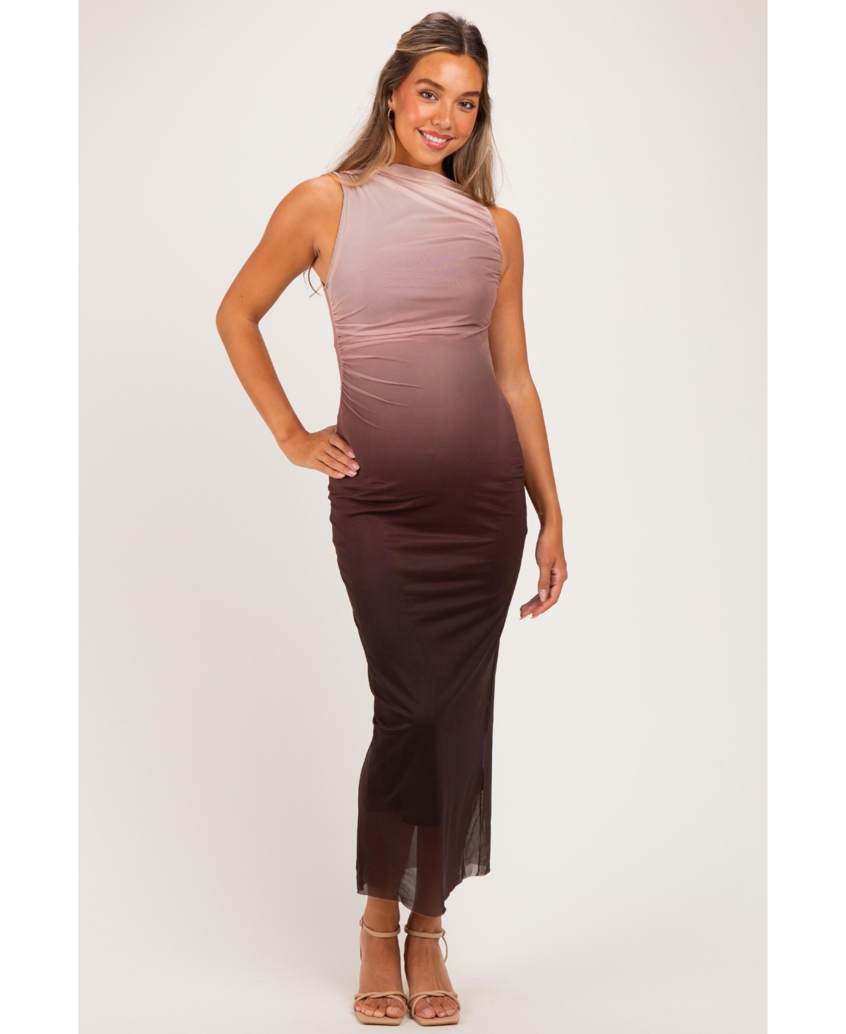 Pinkblush Maternity Forest Green Ombre Mesh Ruched Sleeveless Midi Dress - Mocha