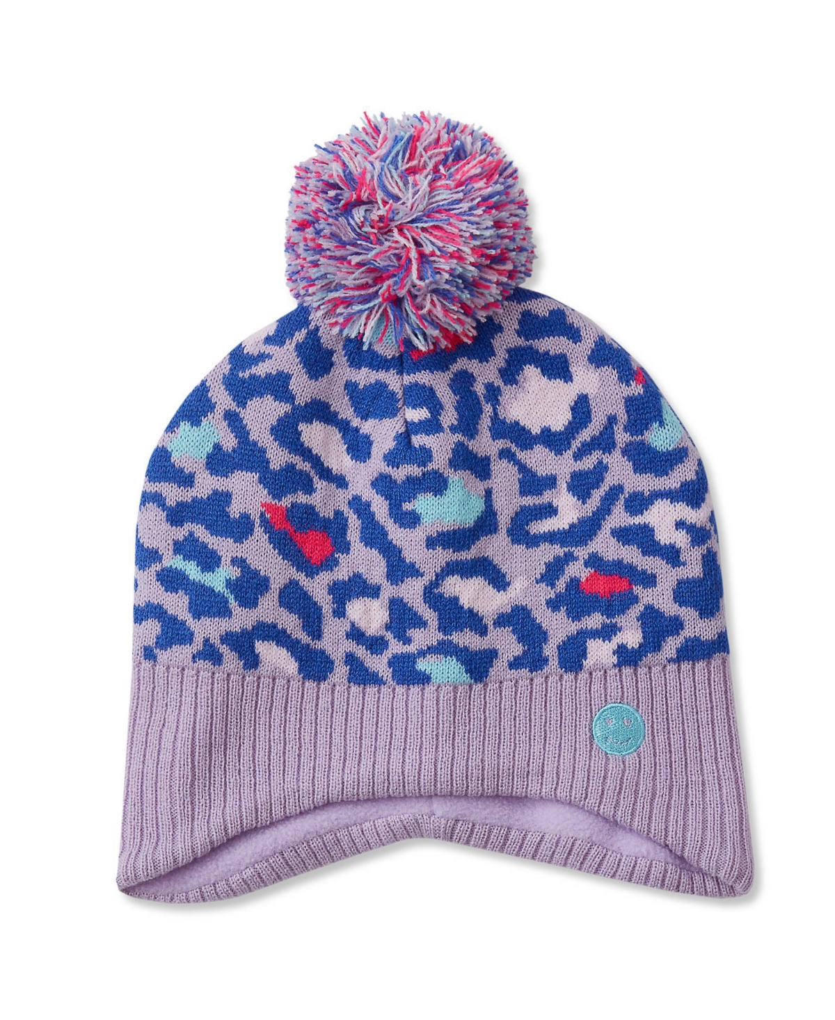 Lands' End Girls' Pom-Pom Sherpa Fleece-Lined Earflap Beanie - Cheetah/pastel lilac