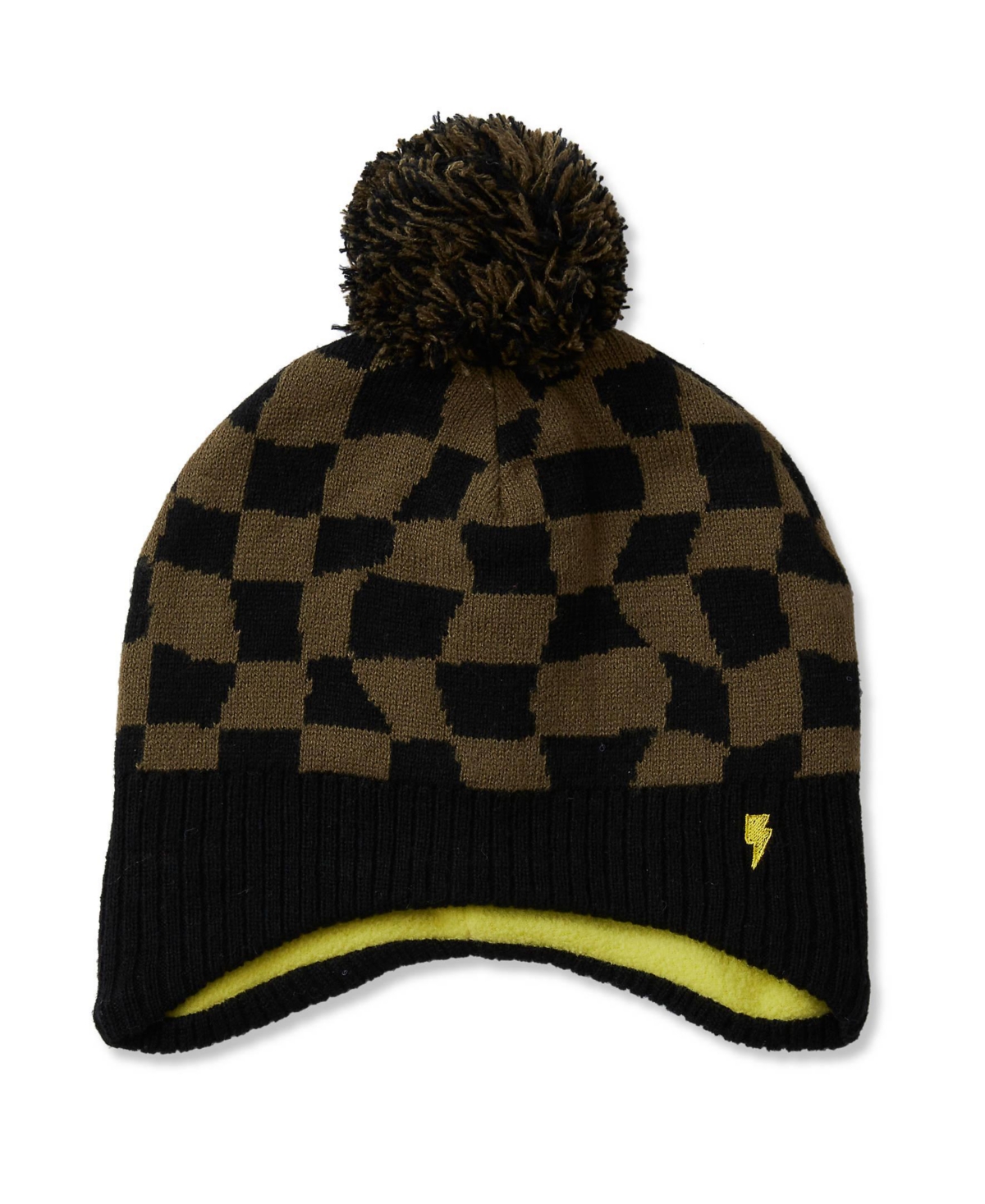 Lands' End Girls' Pom-Pom Sherpa Fleece-Lined Earflap Beanie - Checkers/avocado green