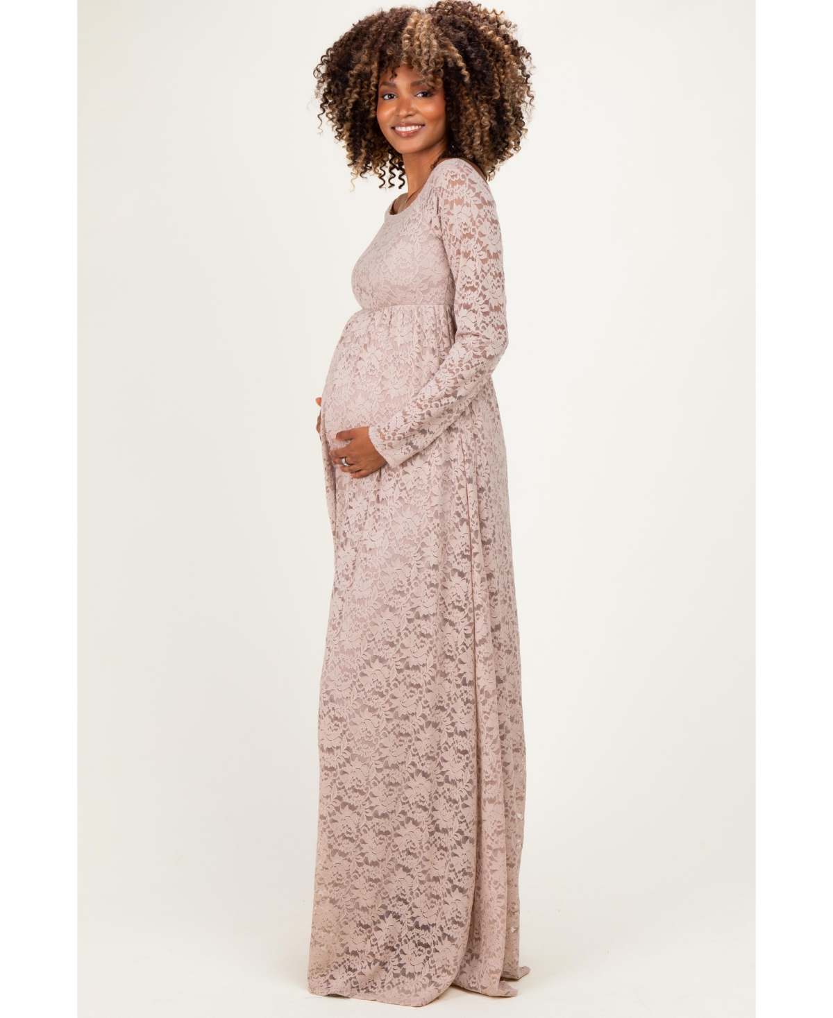 Pinkblush Women's Mocha Floral Lace Long Sleeve Off Shoulder Maxi Dress