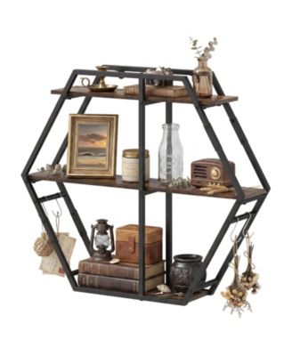 Hexagon Shelf for Wall 3-Tier Geometric Bookcase with 4 S-Shaped Hooks Metal Frame