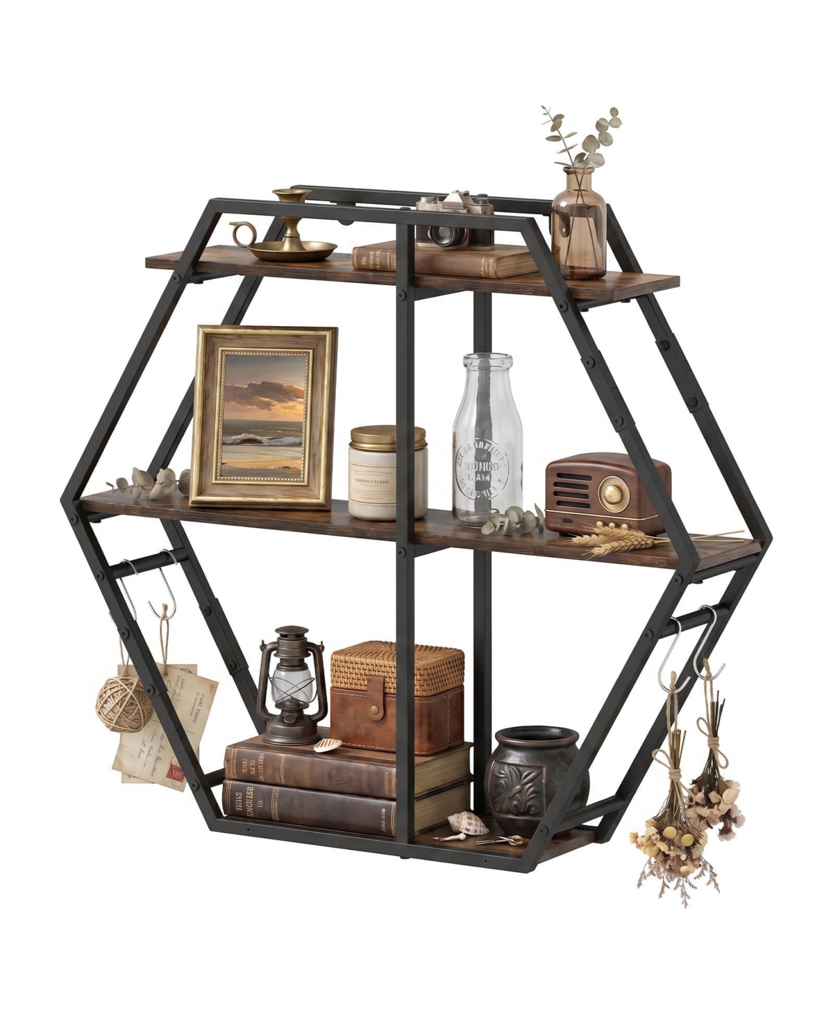 Gymax Hexagon Shelf for Wall 3-Tier Geometric Bookcase with 4 S-Shaped Hooks Metal Frame