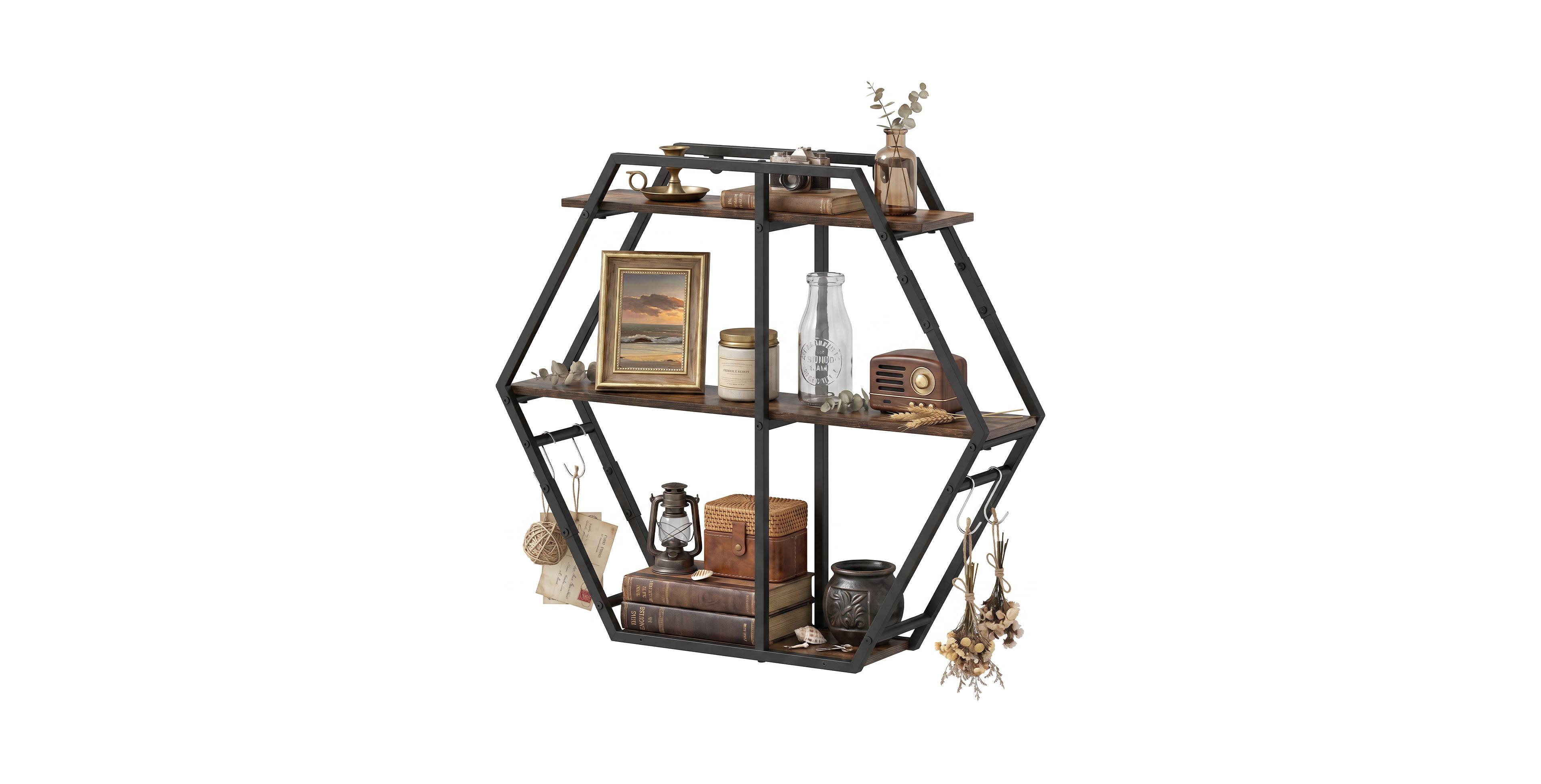 Gymax Hexagon Shelf for Wall 3-Tier Geometric Bookcase with 4 S-Shaped Hooks Metal Frame