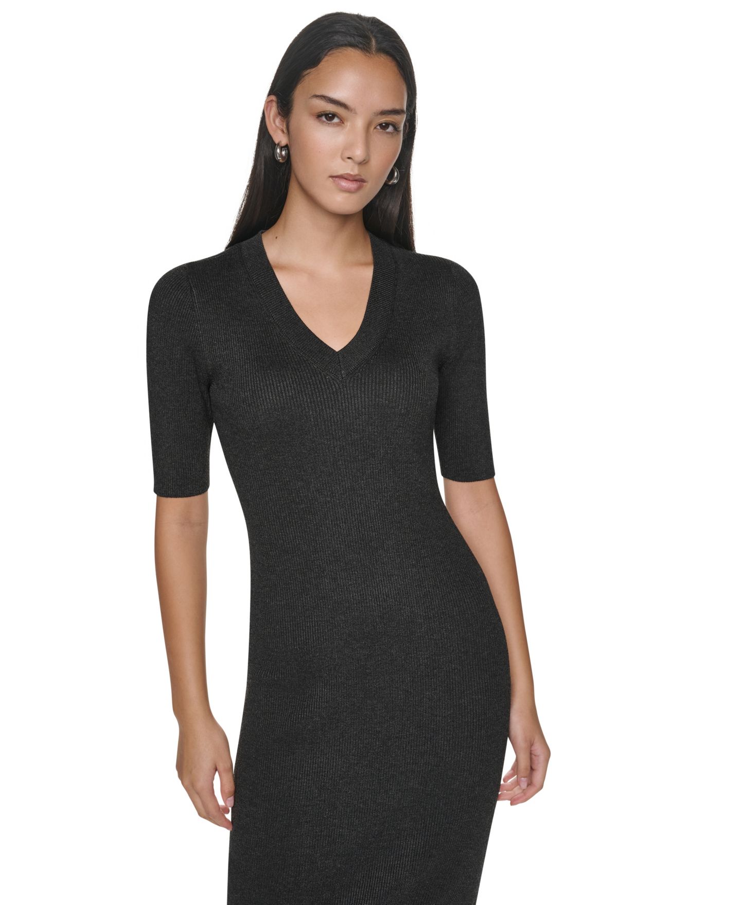 Женское платье DKNY Lace-Trim V-Neck Short-Sleeve Midi, цвет: Асфальтовый — фото 3