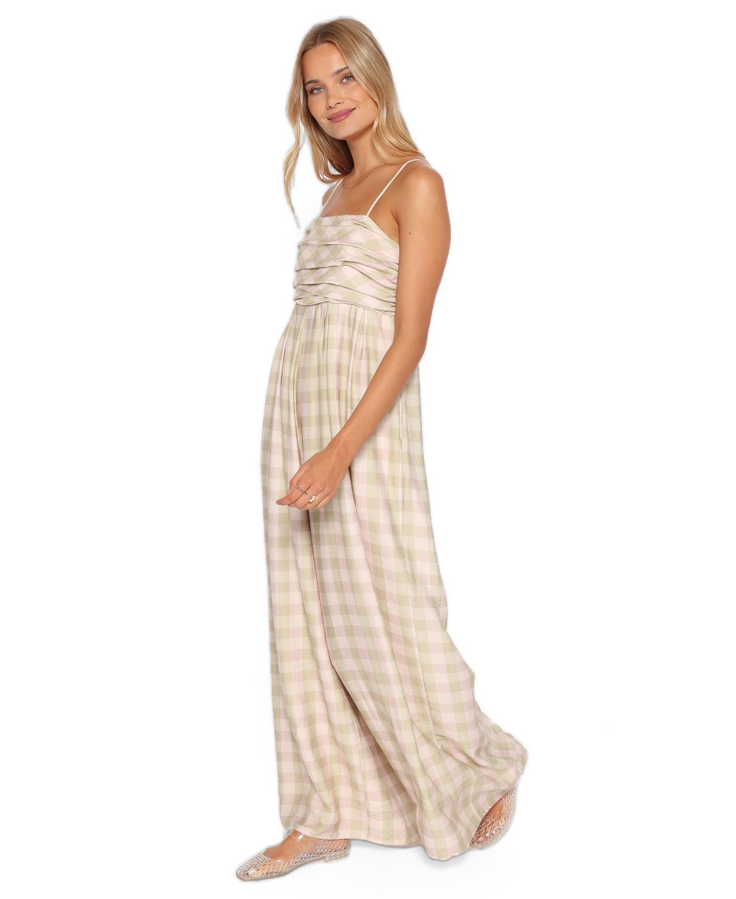 Женский комбинезон Petal and Pup Pricilla Square-Neck Sleeveless Wide-Leg Jumpsuit, цвет: Зелёный розовый в мелкую клетку — фото 2