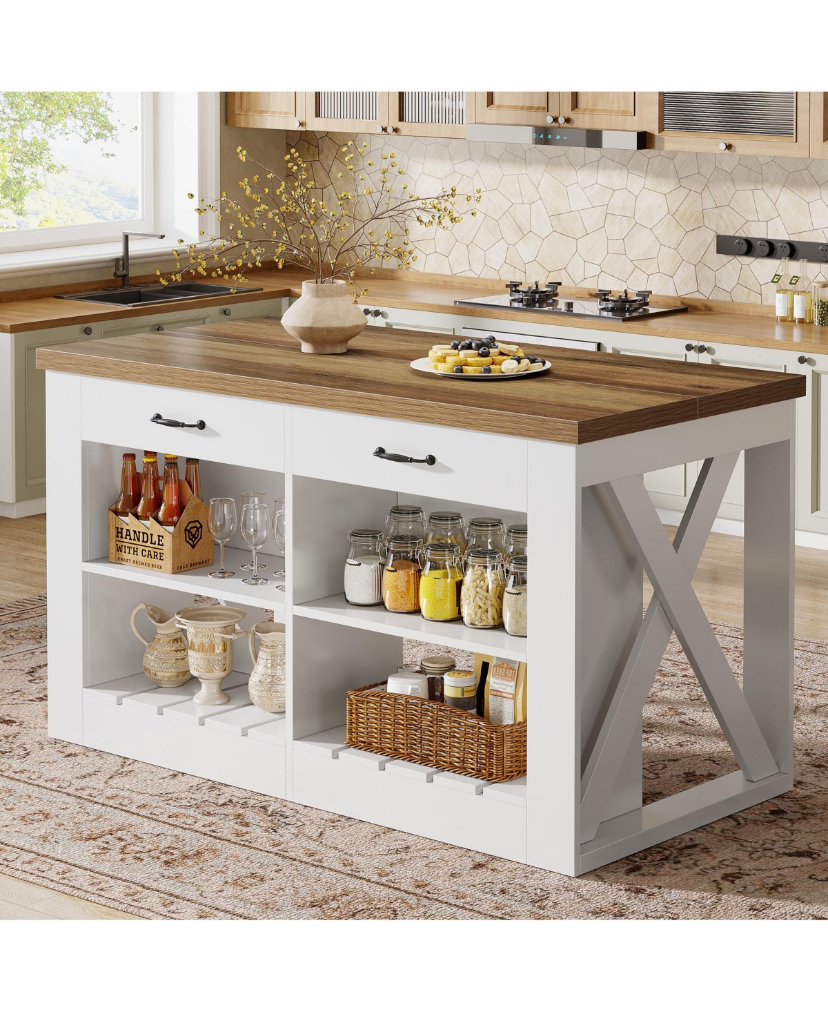 Tribesigns Kitchen Island with Storage and Seating, 55" Farmhouse Stationary Island Table - Brown and white