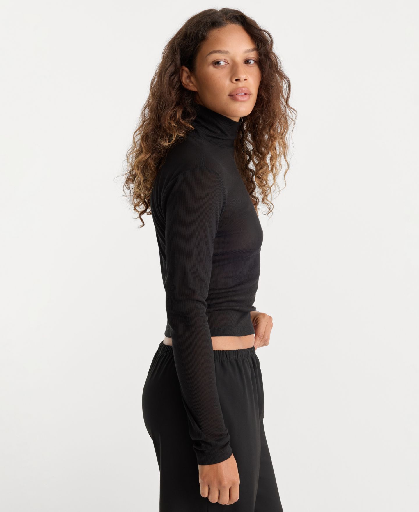 Женский топ Good American Sheer Ribbed Turtleneck, цвет: Чёрный — фото 4
